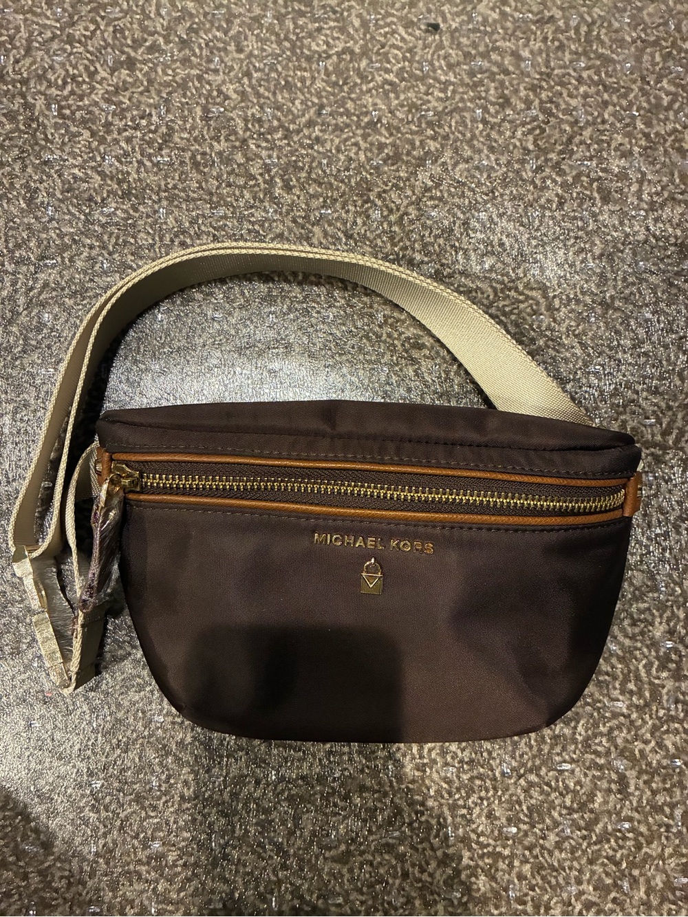 Michael Kors Brown Nylon Belt Bag with Gold Hardware and Cream Strap